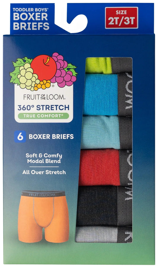 Fruit of the Loom Toddler Boy 360 Stretch True Comfort Super Soft Modal Boxer Briefs Underwear, 6-Pack, Sizes 2T-5T