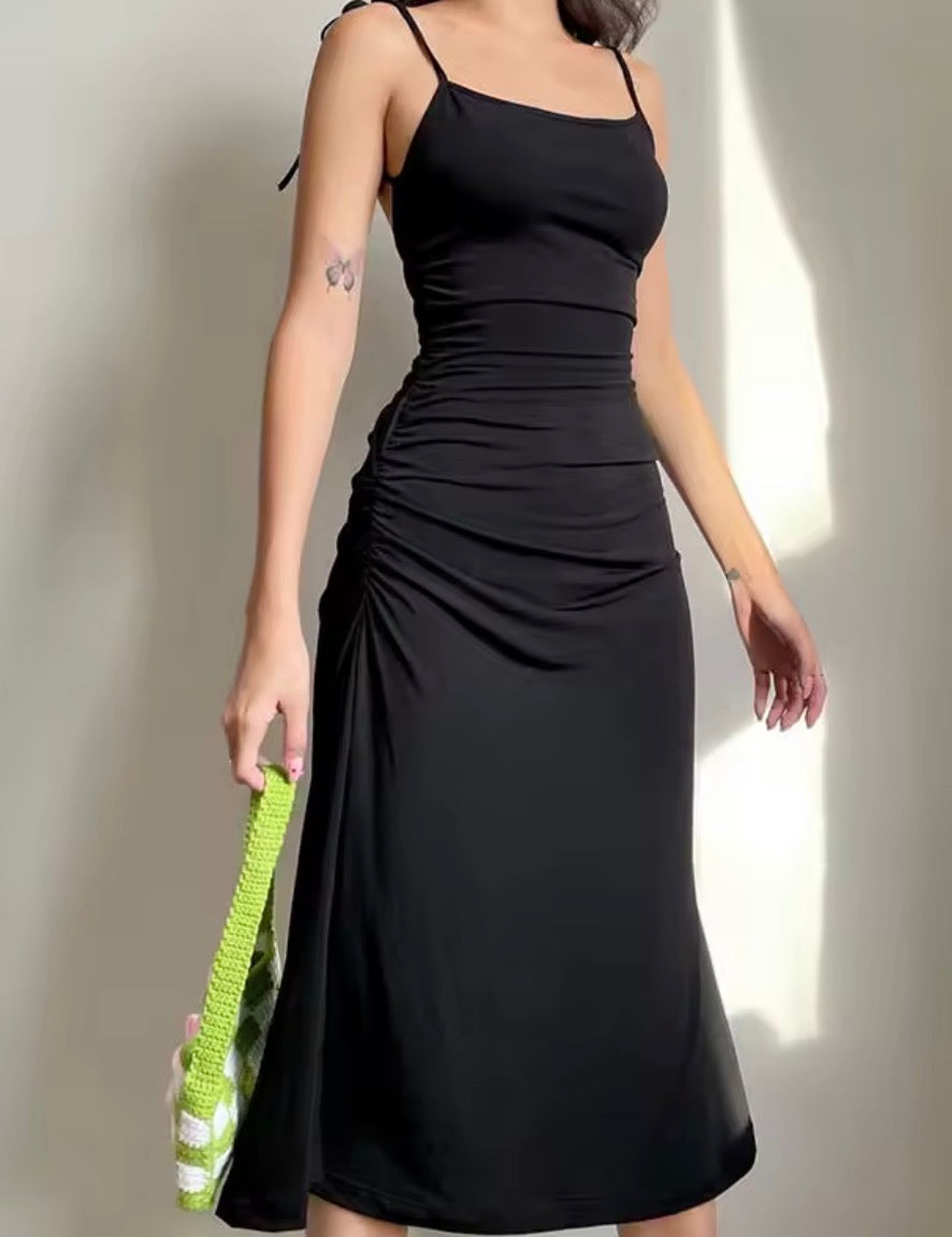 Black Camisole Dress Pleats Waist Women Slimming Dress Elegant Party Girl Fashion Korean Sexy Casual Summer Hot Girl Spice💧