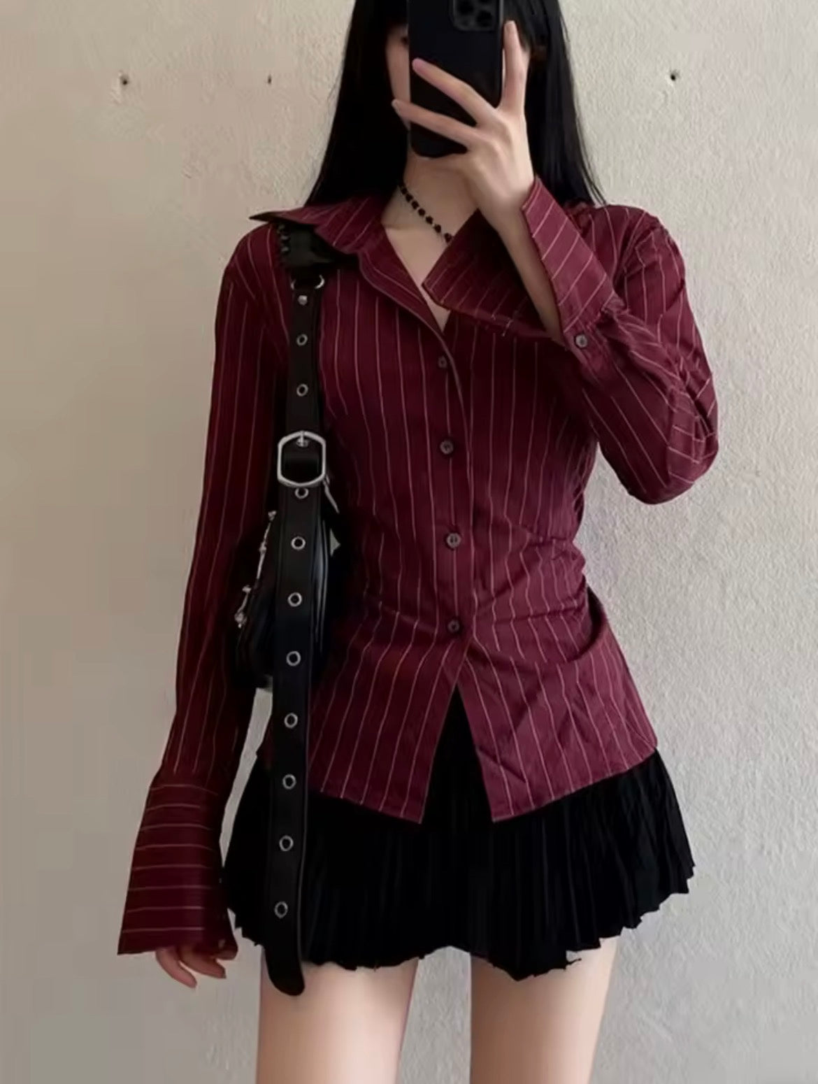 Gothic Punk Grunge Y2K Women's Blouse Sexy Slim Chic Casual Lapel Striped Long Sleeve Shirt Vintage Aesthetics Hottie Streetwear💧