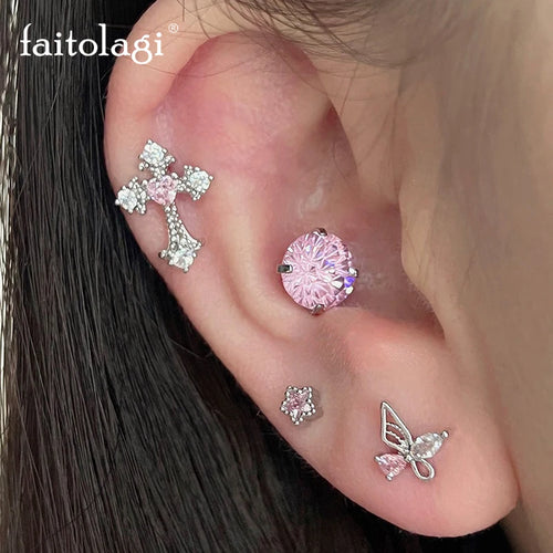1 Pc Y2K Pink Peach Heart Cross Zircon Stainless Steel Earrings Cute Star Ear Bone Nail Earring for Women Cochlear Accessory