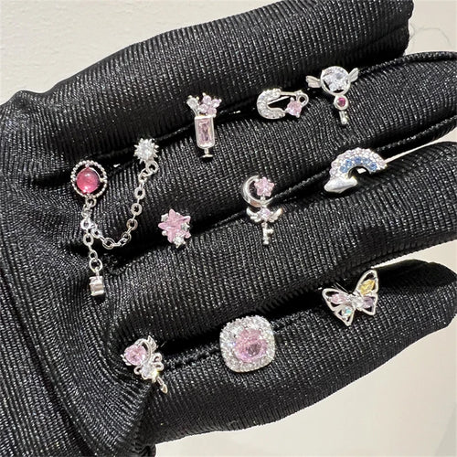 1 PCS New Cute Pink Zircon Crystal Cochlea Ear Bone Nail 316L Medical Titanium Steel Earrings for Women Y2K Hottie Accessories